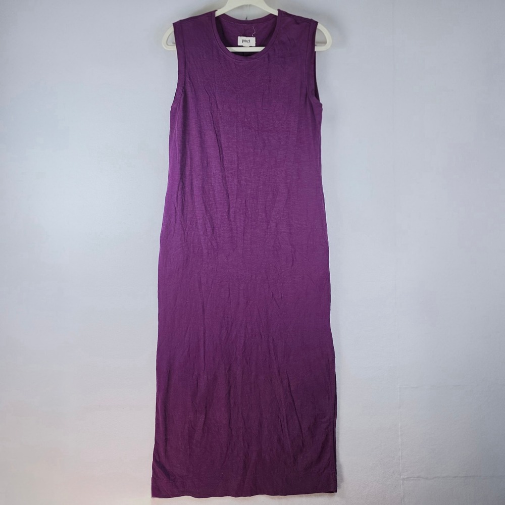 Pact Organic Cotton Sleeveless Maxi Dress Purple Side Slits Pockets Small
